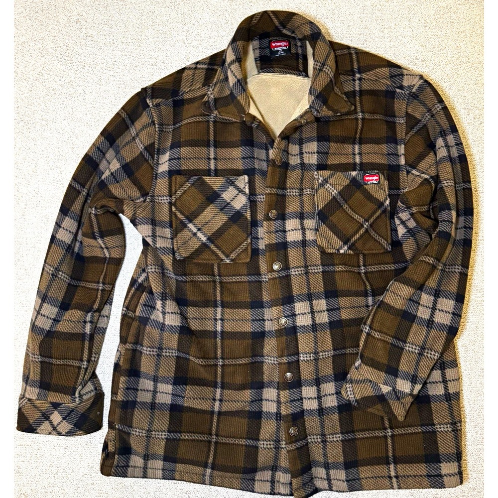 Wrangler Plaid Lined Button Front Shacket Jacket Mens L 42-44 Brown/Black